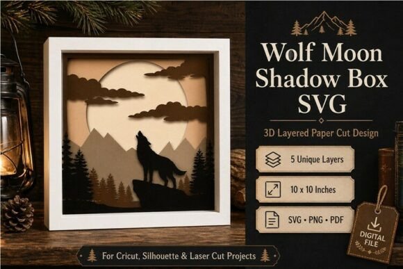 Wolf Moon Shadow Box SVG: 3D Layered Art for Crafters